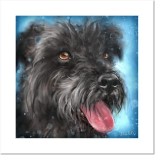 Painting of a Black Schnauzer With Its Tongue Out on Blue Background Posters and Art